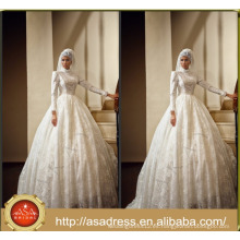 MUSL-1889 Vestidos de novia preciosos de Dubai Gelinlik Encaje Manga larga Rebordear Vestido de novia musulmán hijab nupcial 2017